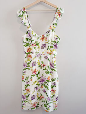 Amour Vert Silk Floral Midi Dress Women's Large White Romantic Ruffle Sleeve